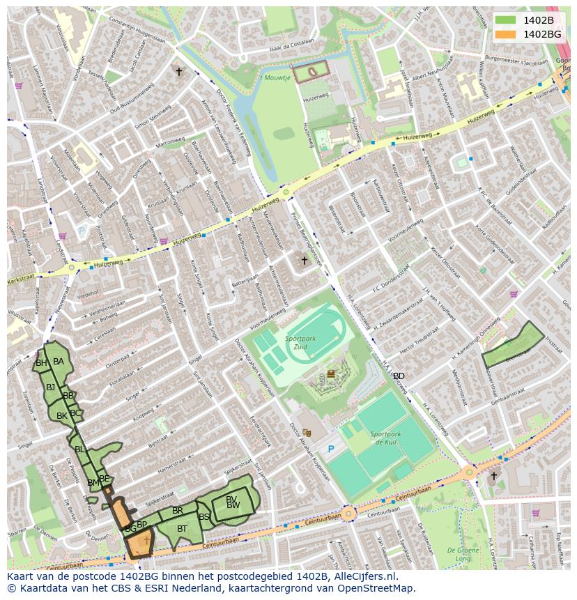 Afbeelding van het postcodegebied 1402 BG op de kaart.