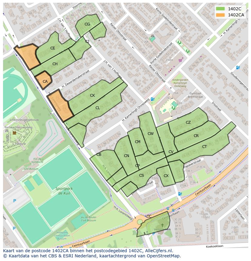 Afbeelding van het postcodegebied 1402 CA op de kaart.