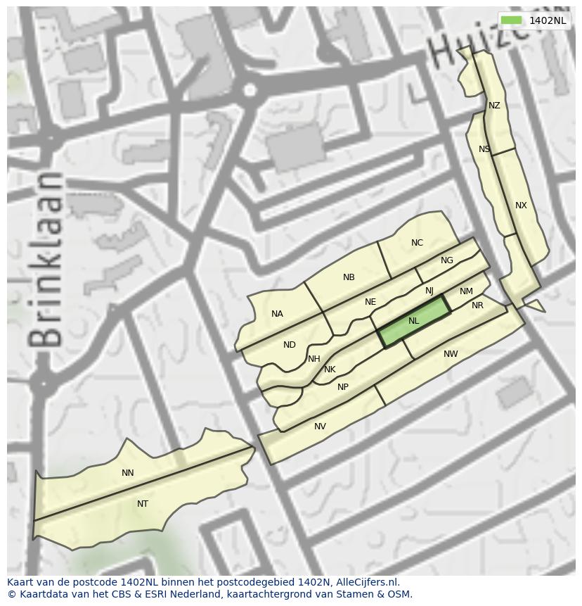 Afbeelding van het postcodegebied 1402 NL op de kaart.