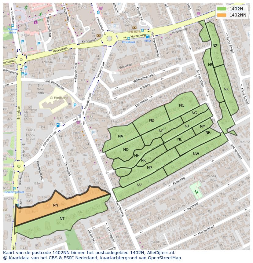 Afbeelding van het postcodegebied 1402 NN op de kaart.