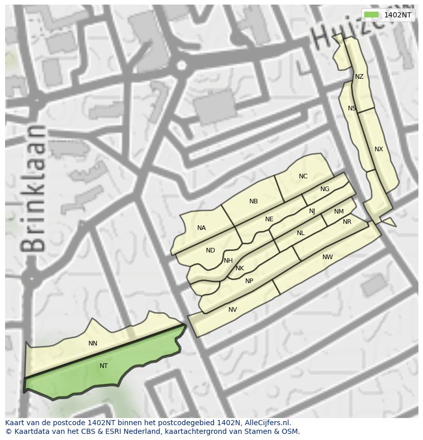Afbeelding van het postcodegebied 1402 NT op de kaart.