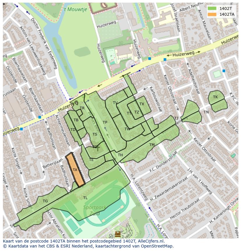 Afbeelding van het postcodegebied 1402 TA op de kaart.