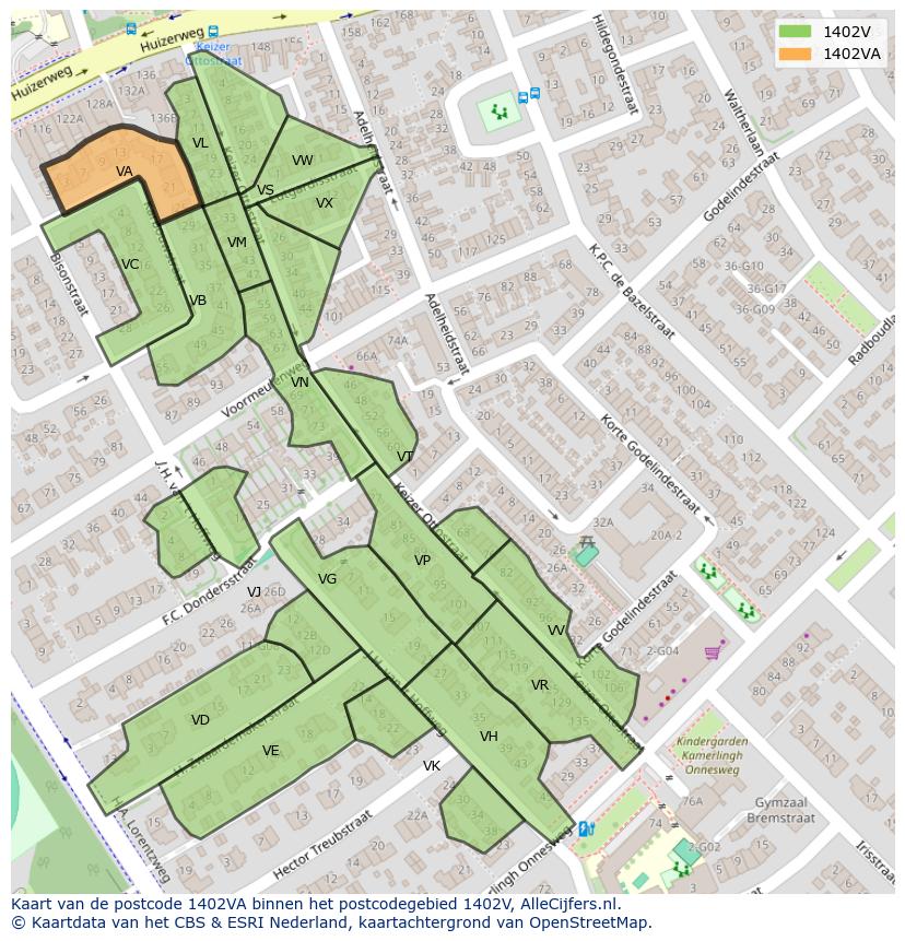 Afbeelding van het postcodegebied 1402 VA op de kaart.