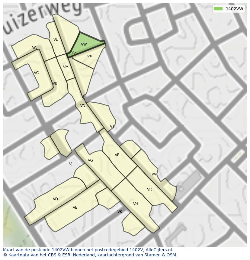 Afbeelding van het postcodegebied 1402 VW op de kaart.