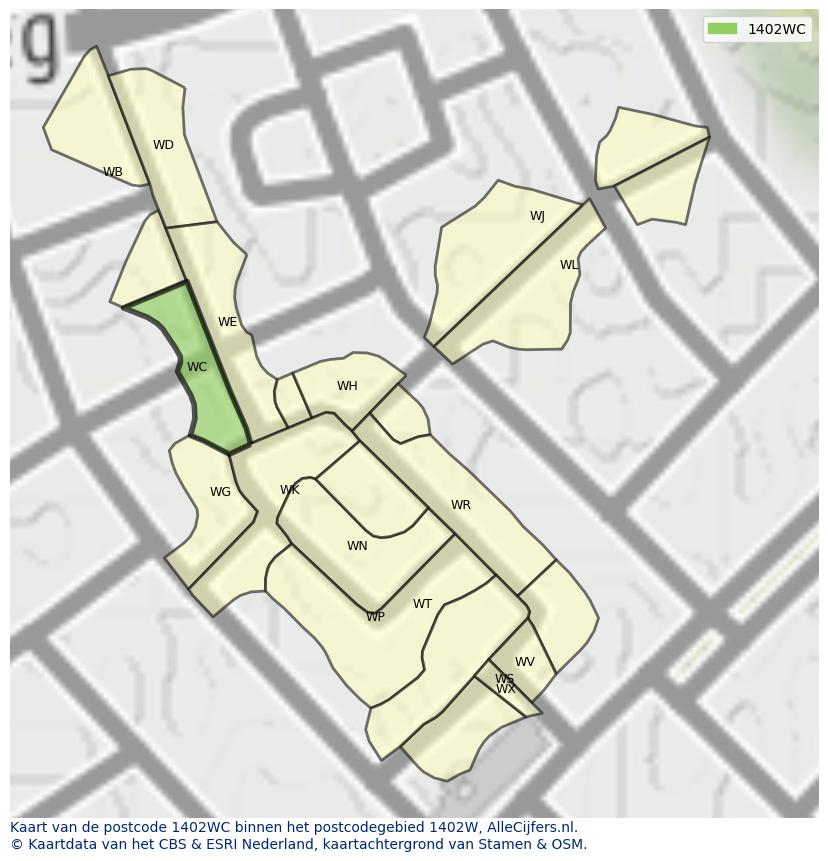 Afbeelding van het postcodegebied 1402 WC op de kaart.
