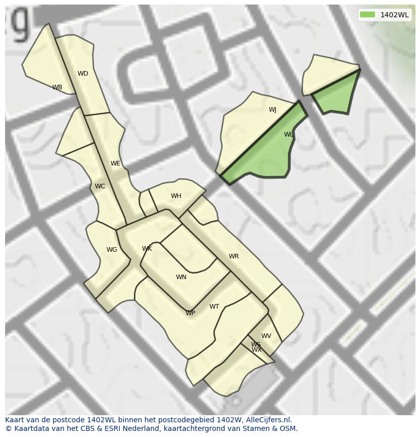 Afbeelding van het postcodegebied 1402 WL op de kaart.