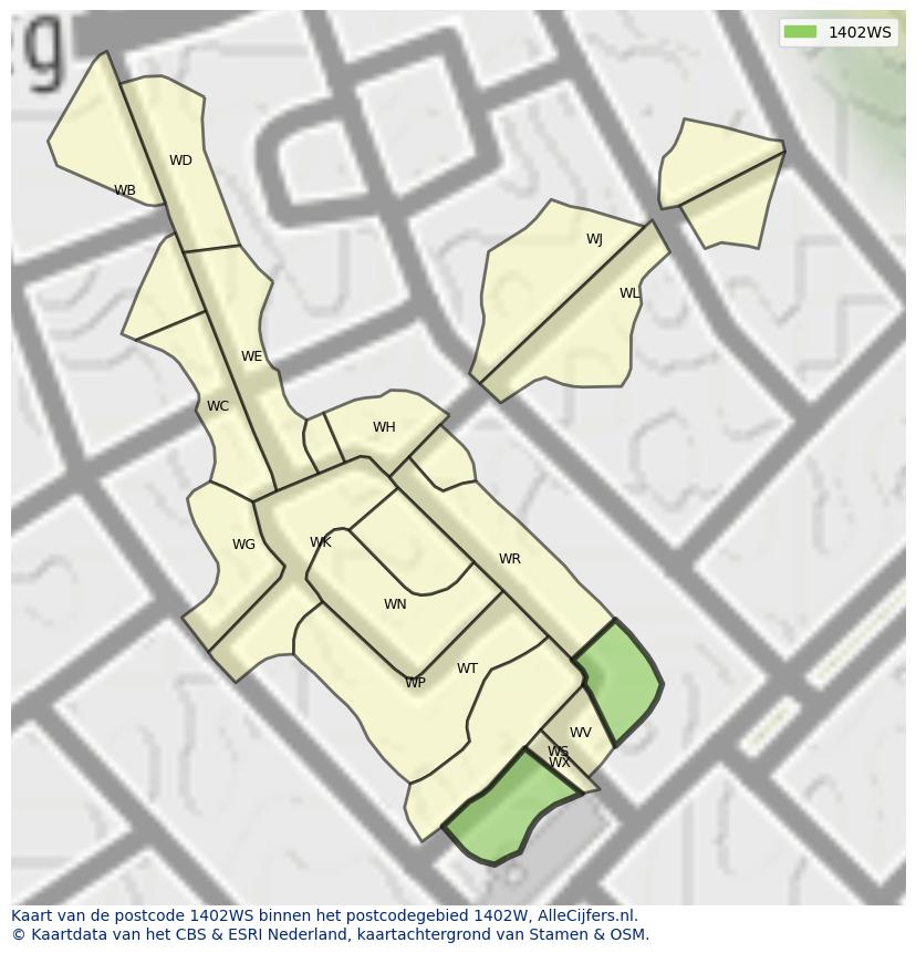 Afbeelding van het postcodegebied 1402 WS op de kaart.