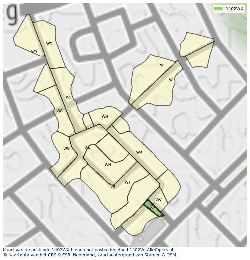 Afbeelding van het postcodegebied 1402 WX op de kaart.
