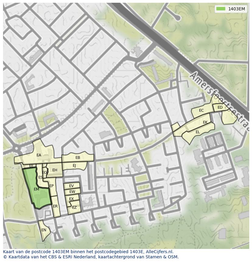 Afbeelding van het postcodegebied 1403 EM op de kaart.