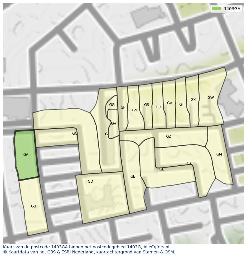 Afbeelding van het postcodegebied 1403 GA op de kaart.