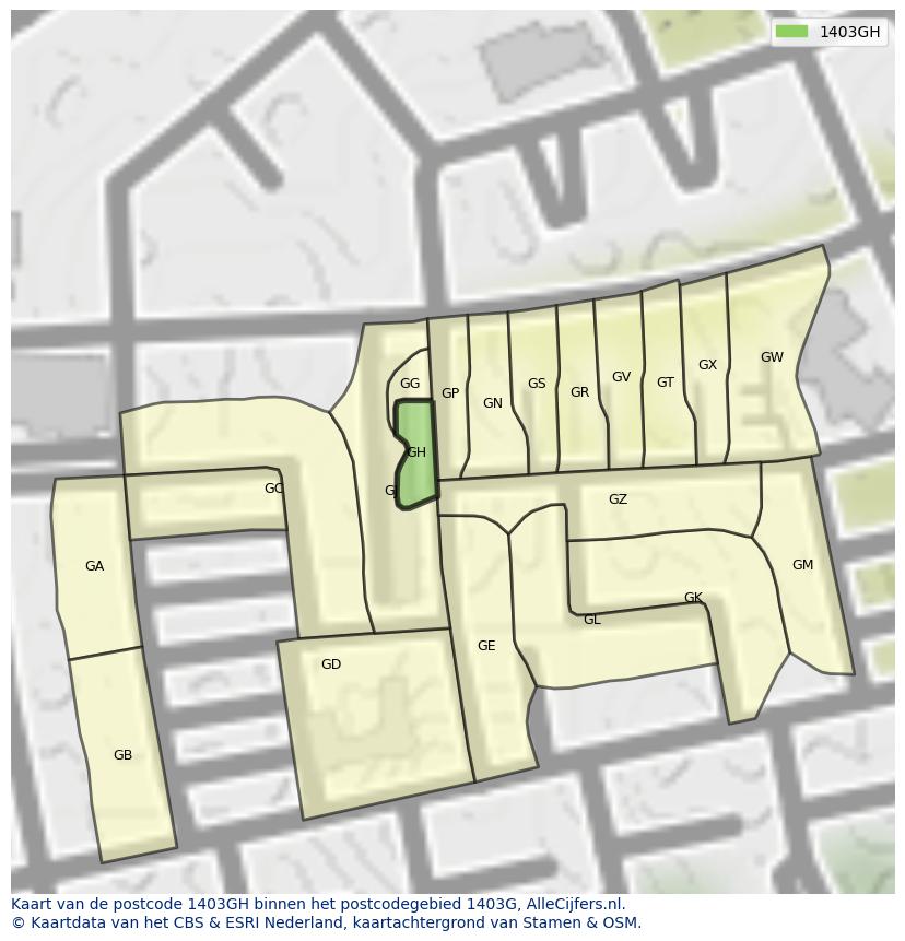 Afbeelding van het postcodegebied 1403 GH op de kaart.