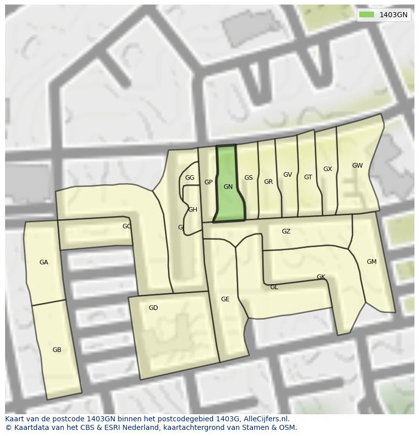 Afbeelding van het postcodegebied 1403 GN op de kaart.