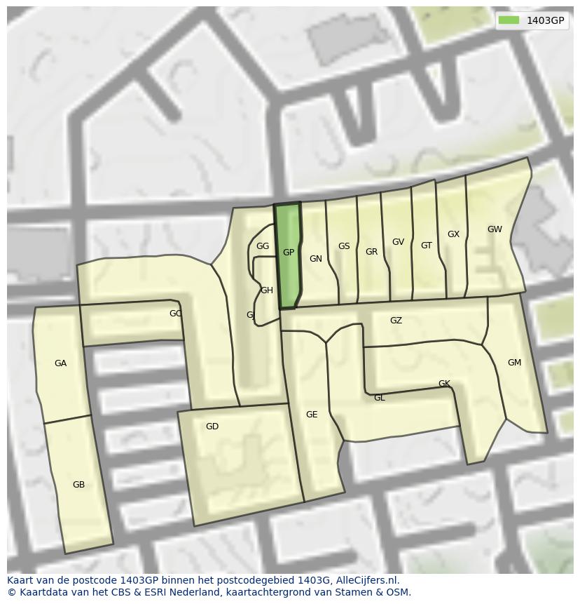 Afbeelding van het postcodegebied 1403 GP op de kaart.