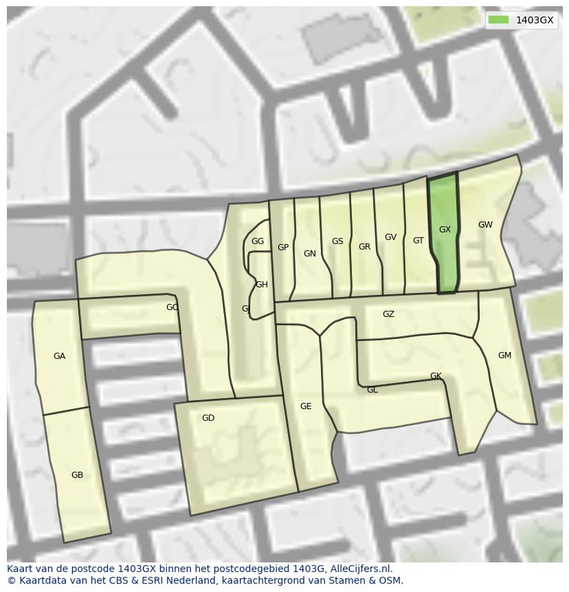 Afbeelding van het postcodegebied 1403 GX op de kaart.