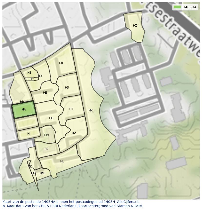 Afbeelding van het postcodegebied 1403 HA op de kaart.