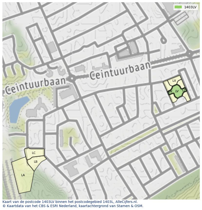 Afbeelding van het postcodegebied 1403 LV op de kaart.