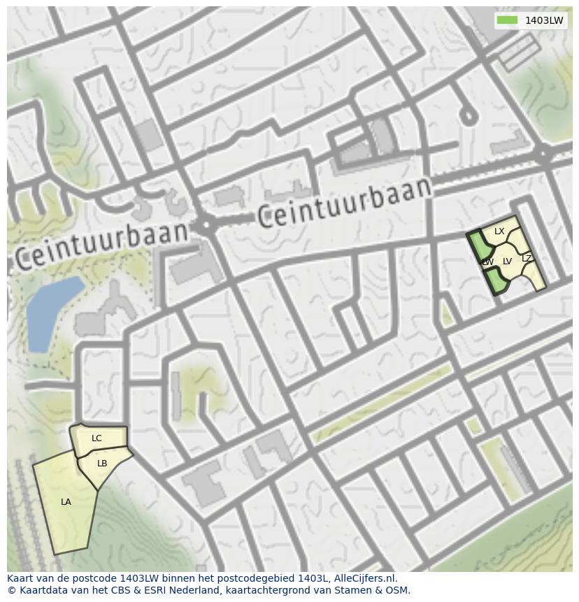 Afbeelding van het postcodegebied 1403 LW op de kaart.