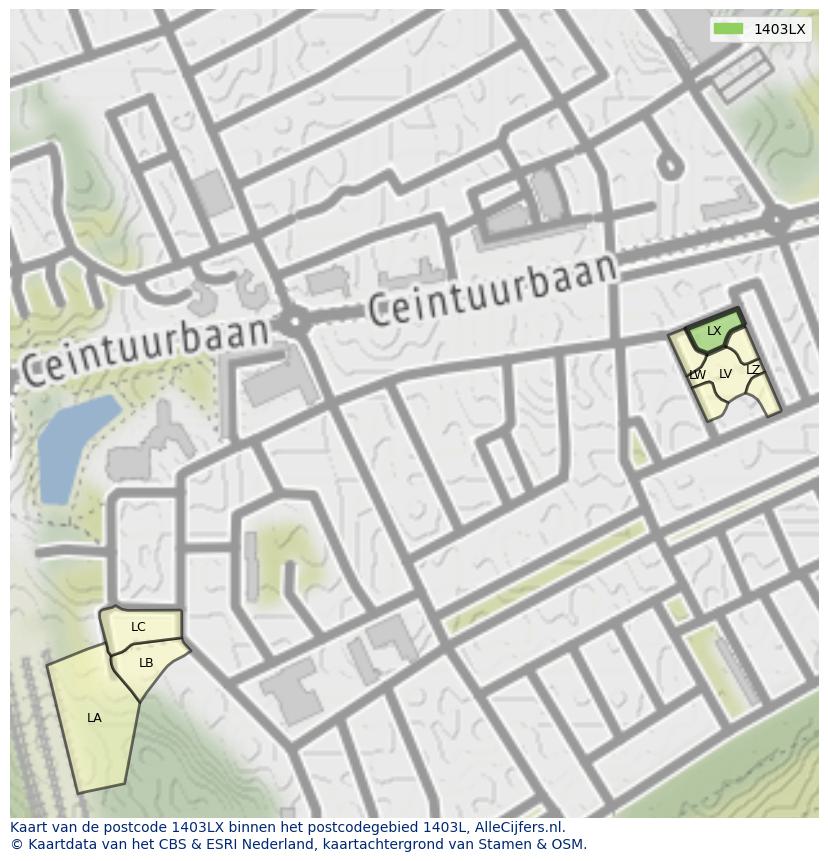 Afbeelding van het postcodegebied 1403 LX op de kaart.