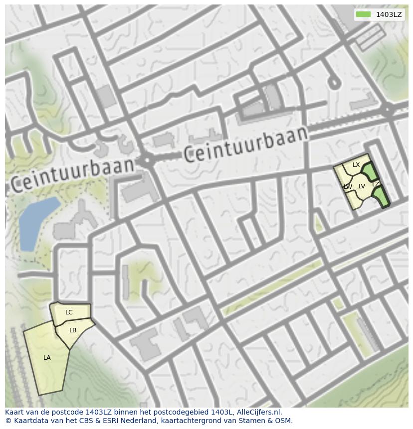 Afbeelding van het postcodegebied 1403 LZ op de kaart.