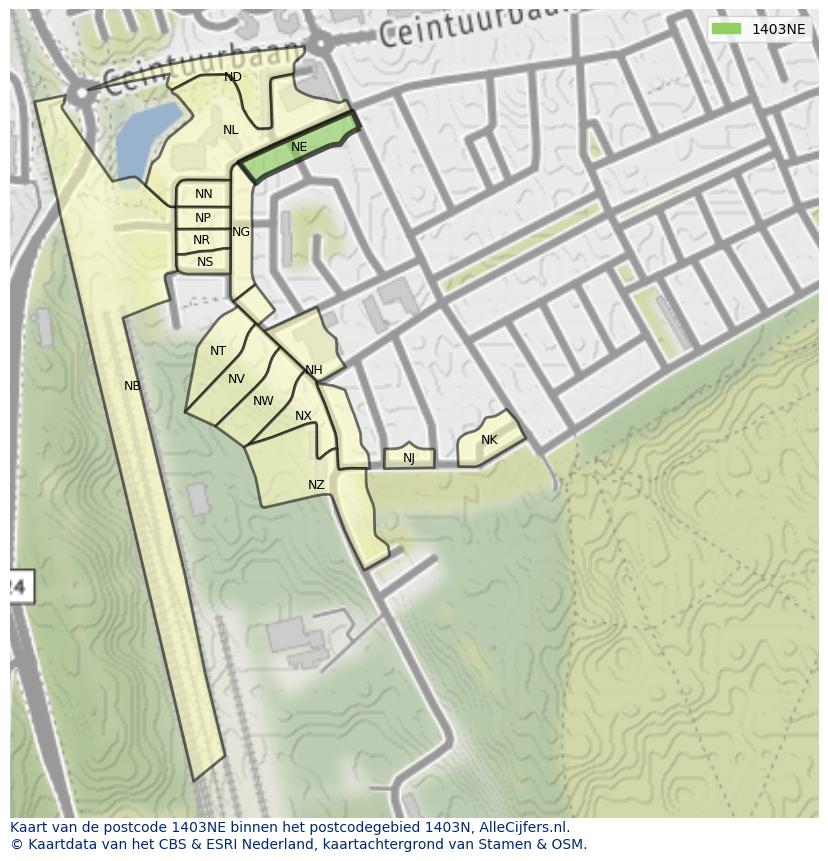 Afbeelding van het postcodegebied 1403 NE op de kaart.