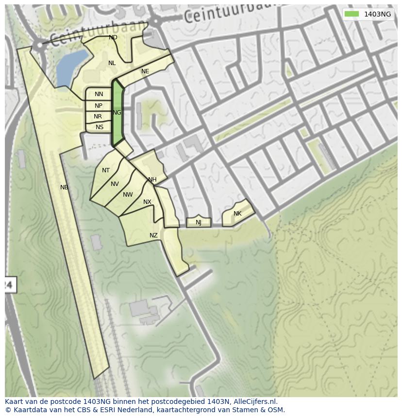 Afbeelding van het postcodegebied 1403 NG op de kaart.