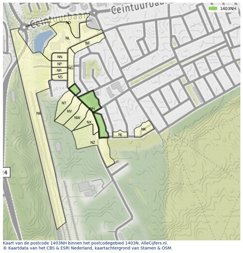 Afbeelding van het postcodegebied 1403 NH op de kaart.