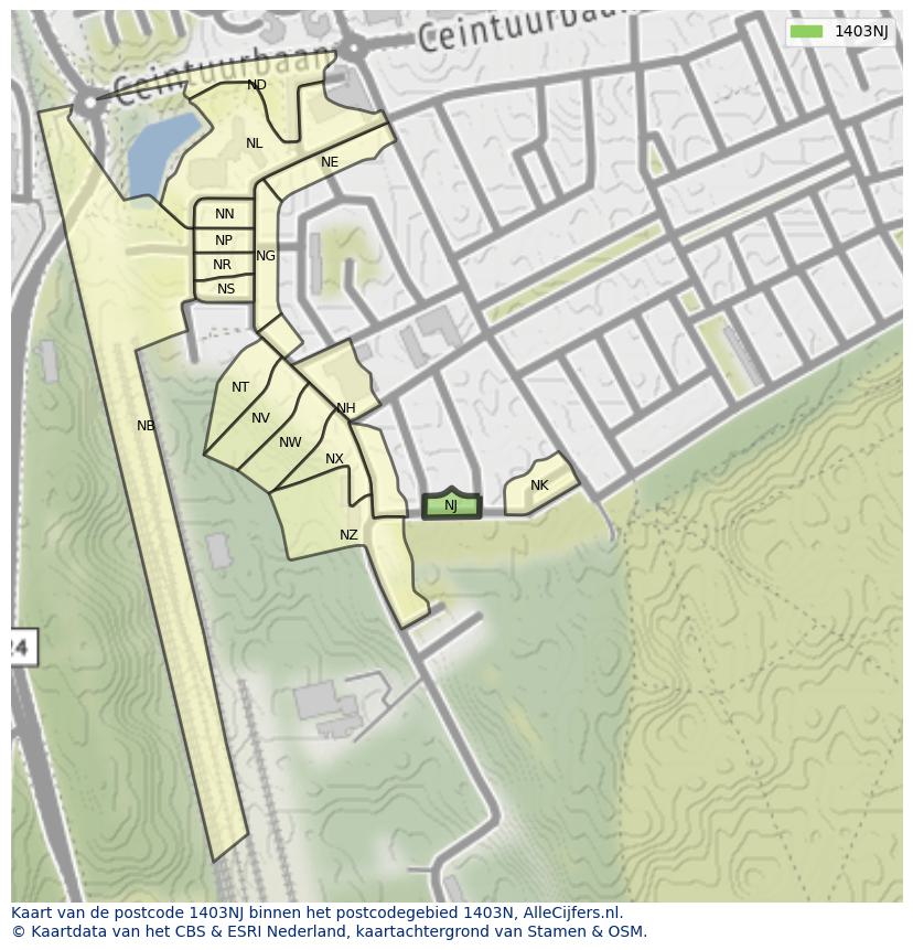 Afbeelding van het postcodegebied 1403 NJ op de kaart.