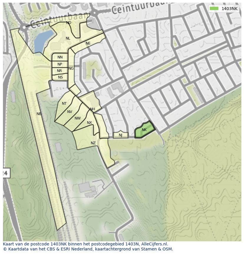 Afbeelding van het postcodegebied 1403 NK op de kaart.