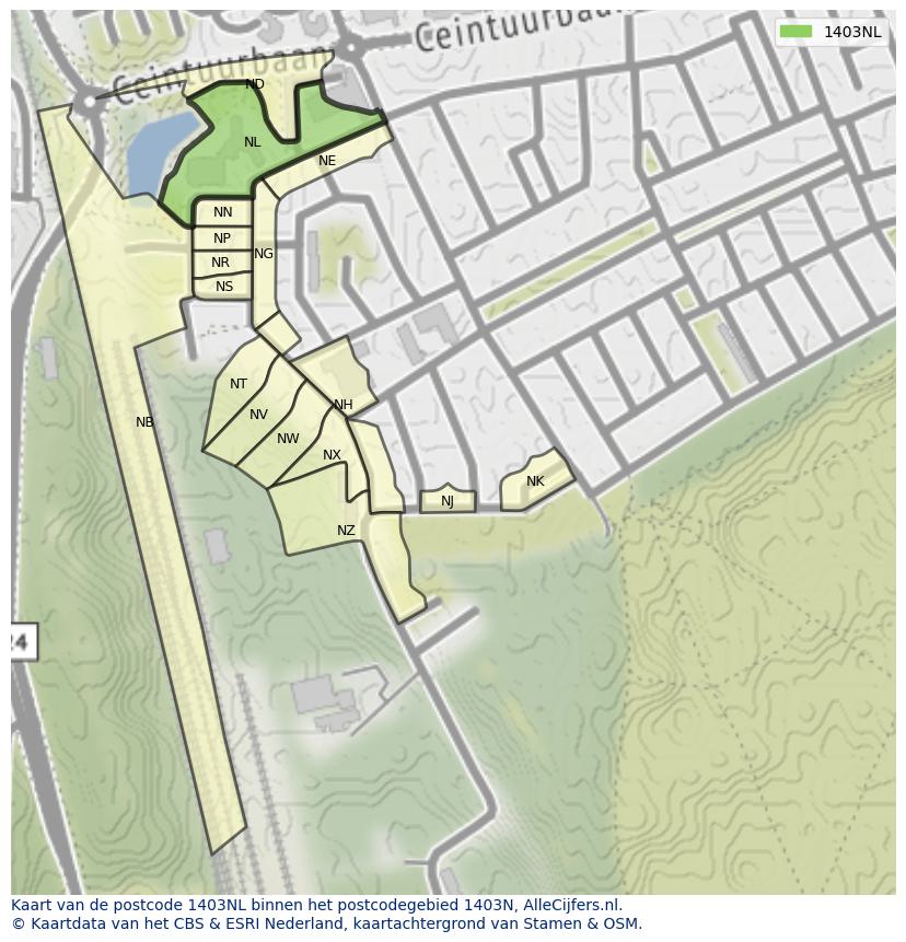 Afbeelding van het postcodegebied 1403 NL op de kaart.