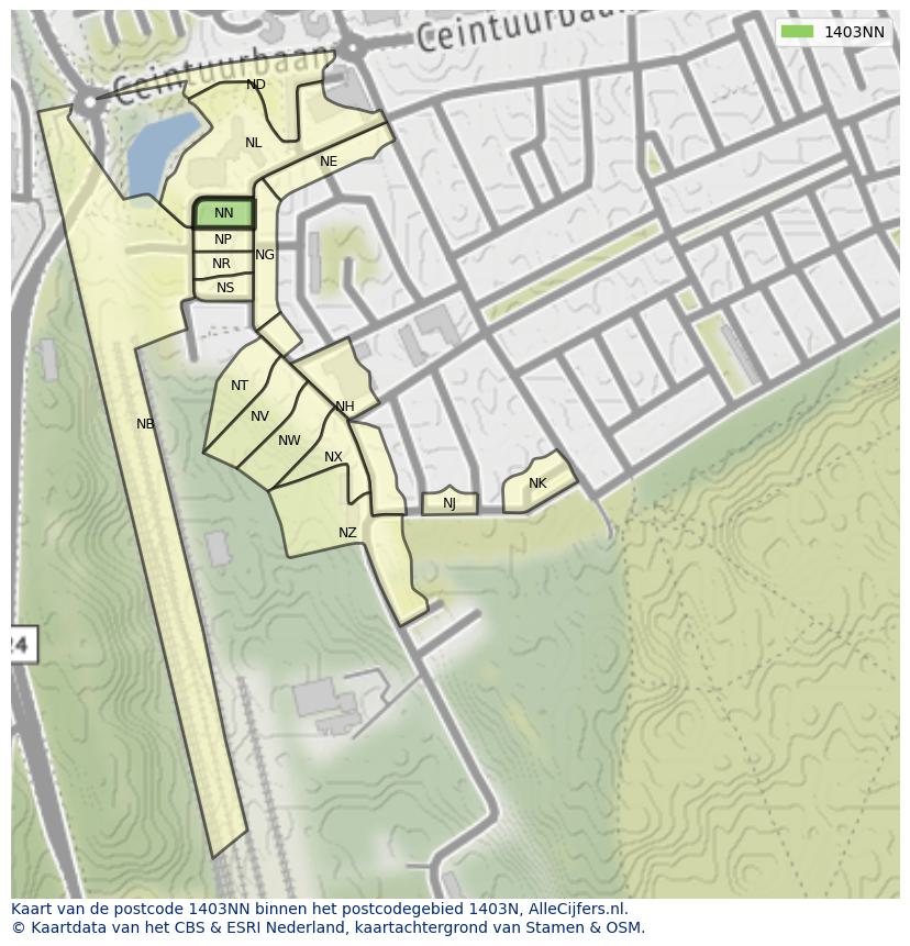 Afbeelding van het postcodegebied 1403 NN op de kaart.