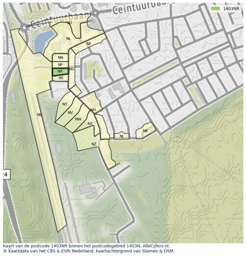 Afbeelding van het postcodegebied 1403 NR op de kaart.