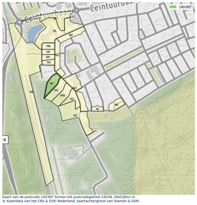 Afbeelding van het postcodegebied 1403 NT op de kaart.