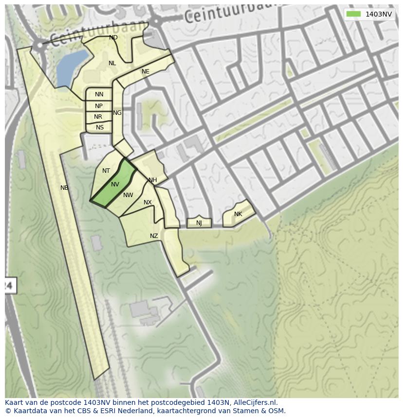 Afbeelding van het postcodegebied 1403 NV op de kaart.