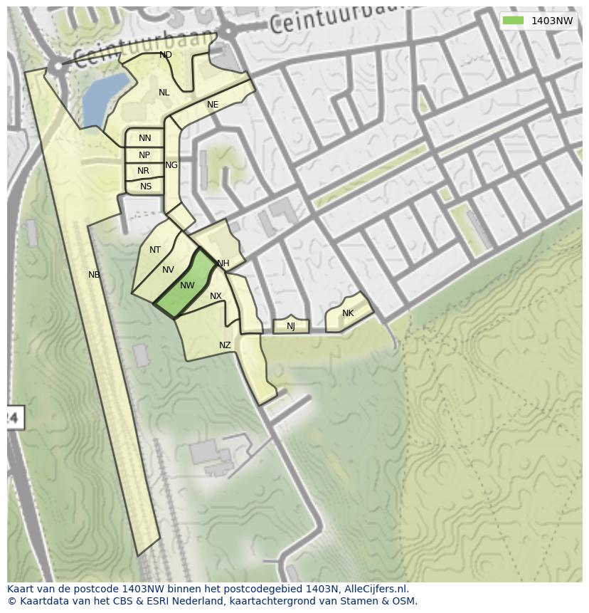 Afbeelding van het postcodegebied 1403 NW op de kaart.