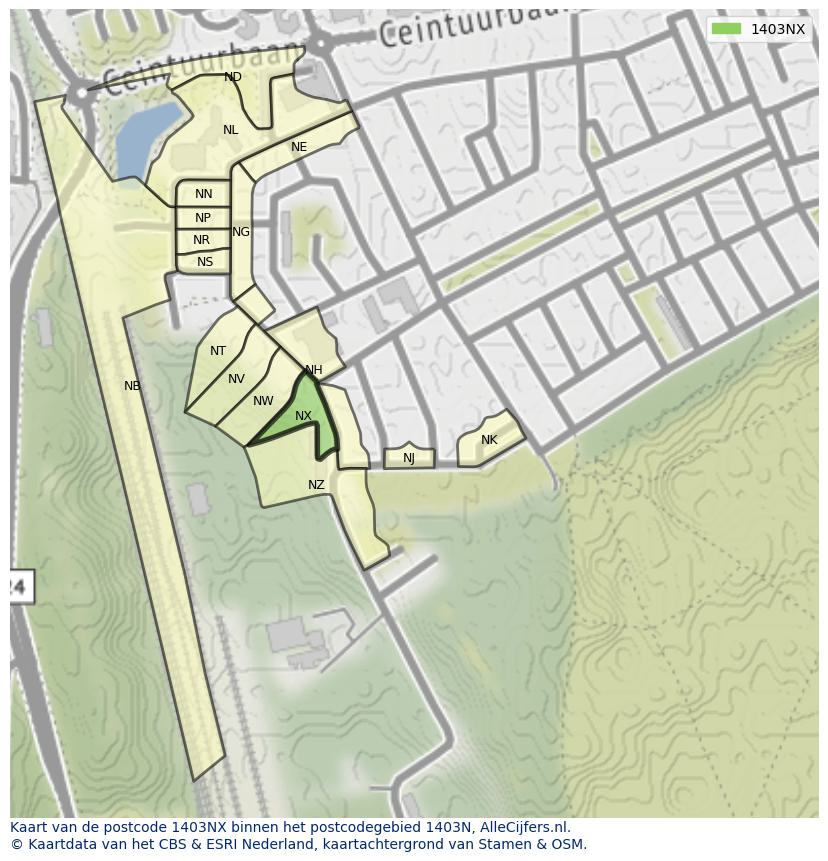 Afbeelding van het postcodegebied 1403 NX op de kaart.