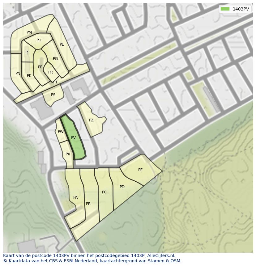 Afbeelding van het postcodegebied 1403 PV op de kaart.