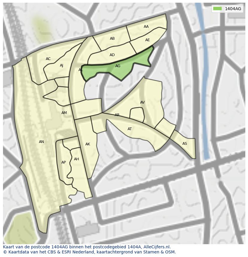 Afbeelding van het postcodegebied 1404 AG op de kaart.