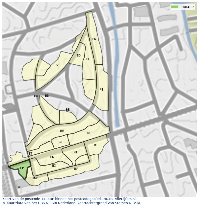 Afbeelding van het postcodegebied 1404 BP op de kaart.