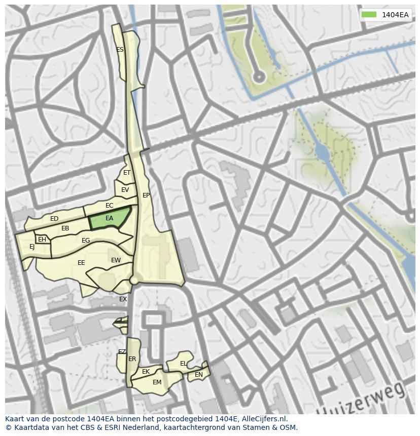 Afbeelding van het postcodegebied 1404 EA op de kaart.