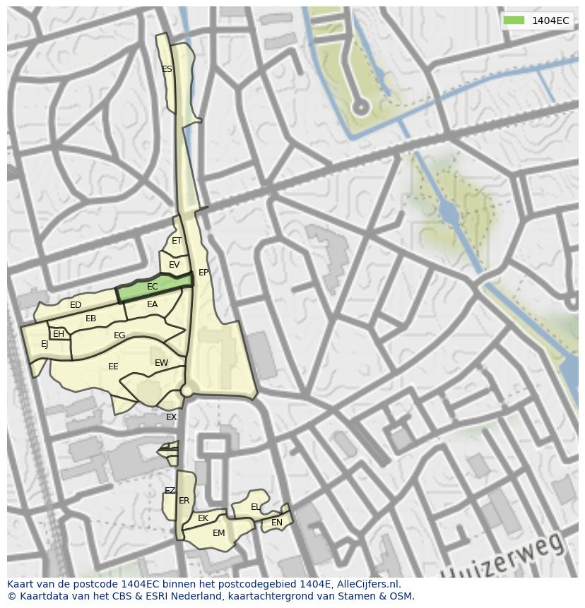 Afbeelding van het postcodegebied 1404 EC op de kaart.