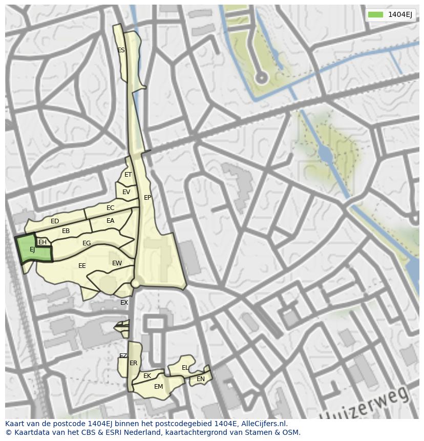 Afbeelding van het postcodegebied 1404 EJ op de kaart.