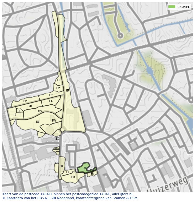 Afbeelding van het postcodegebied 1404 EL op de kaart.