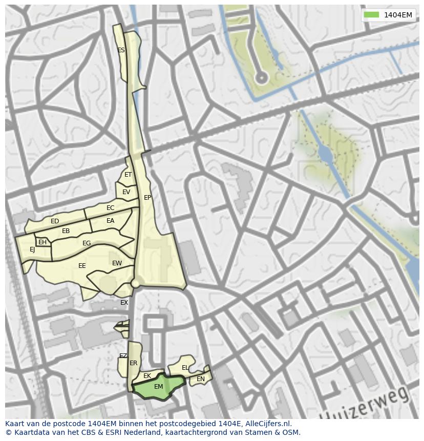 Afbeelding van het postcodegebied 1404 EM op de kaart.