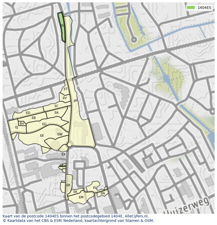 Afbeelding van het postcodegebied 1404 ES op de kaart.