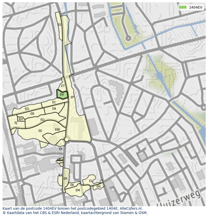 Afbeelding van het postcodegebied 1404 EV op de kaart.