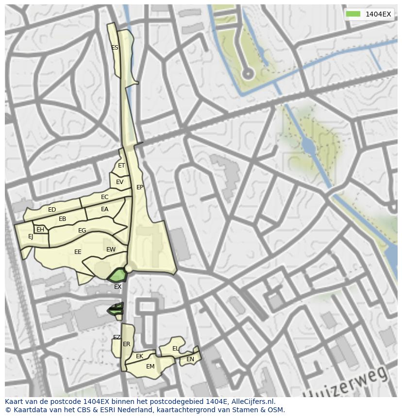 Afbeelding van het postcodegebied 1404 EX op de kaart.