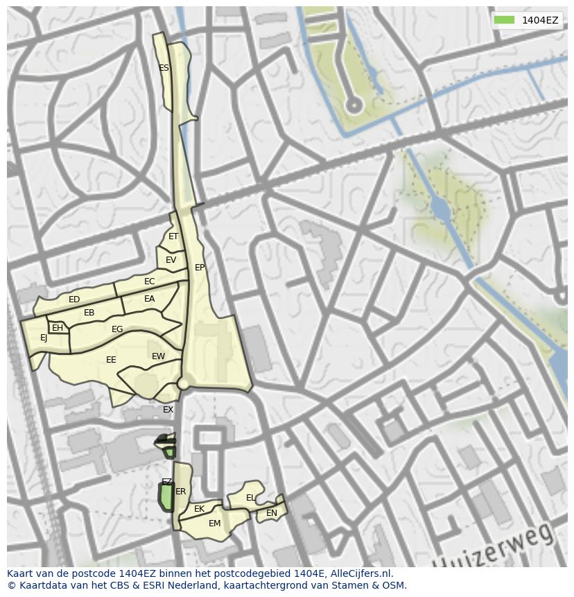 Afbeelding van het postcodegebied 1404 EZ op de kaart.