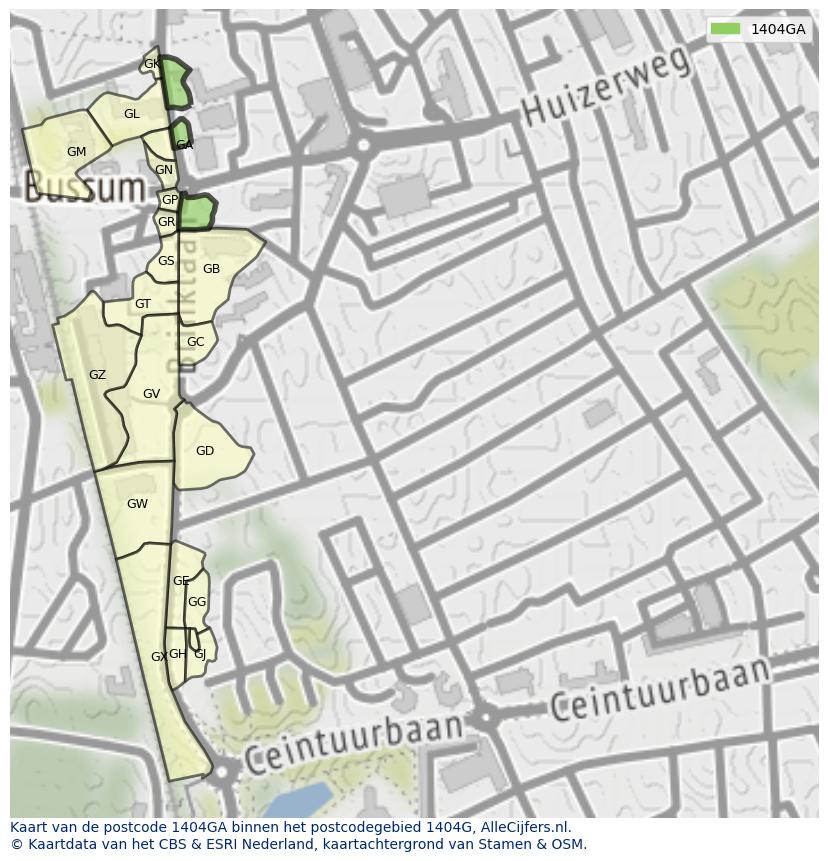 Afbeelding van het postcodegebied 1404 GA op de kaart.