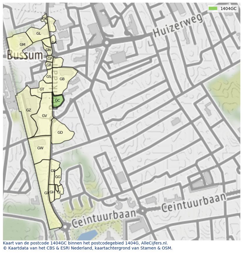 Afbeelding van het postcodegebied 1404 GC op de kaart.