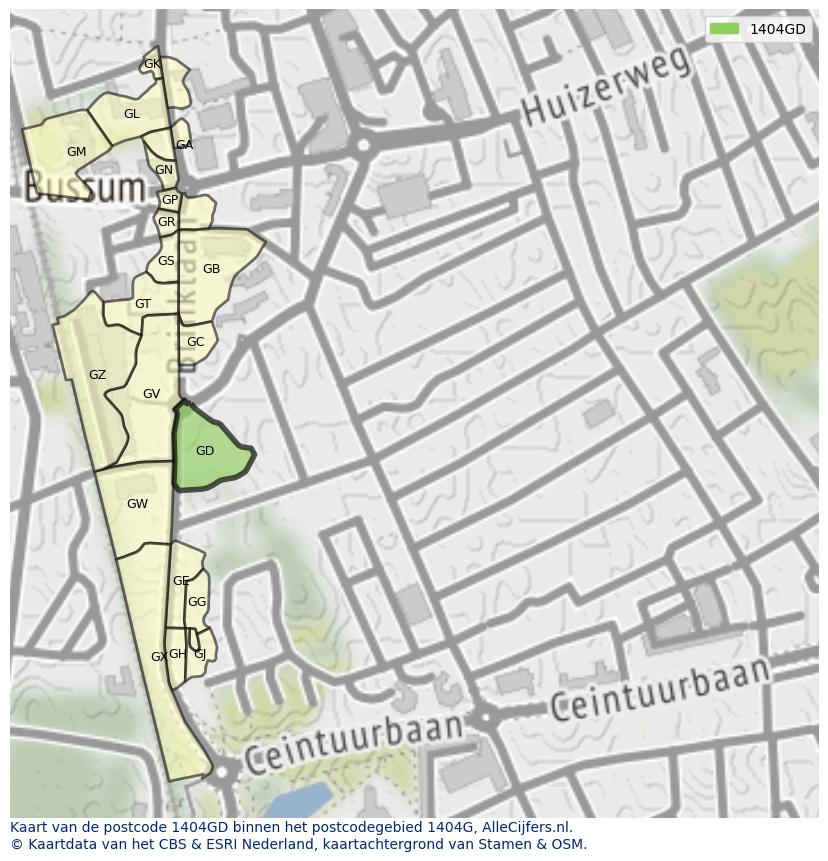 Afbeelding van het postcodegebied 1404 GD op de kaart.